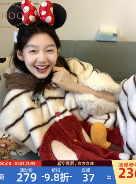 Gukoo/果壳睡袍冬季迪士尼联名新款条纹毛绒保暖女士家居服睡袍D