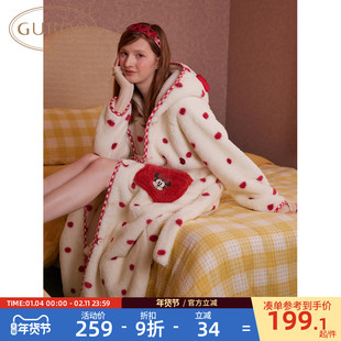 Gukoo/果壳睡袍女冬季珊瑚绒保暖新款迪士尼联名波点家居服睡袍D