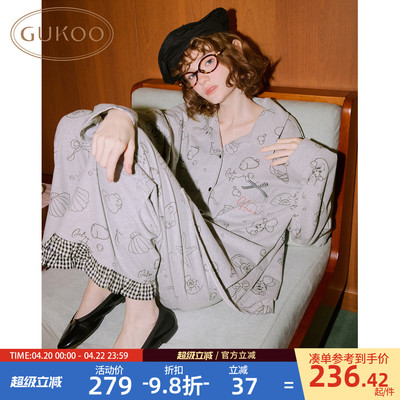 Gukoo/果壳睡衣女春夏轰轰小狗印花新款宽松纯棉女士家居服套装A