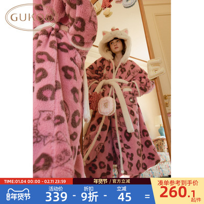 Gukoo/果壳睡衣冬季迪士尼联名新款毛绒豹纹保暖女士家居服套装D