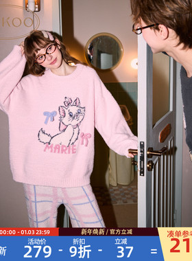 Gukoo/果壳情侣睡衣冬季半边绒保暖新款迪士尼联名女家居服套装D