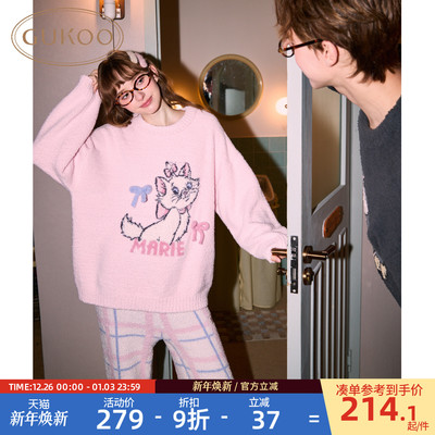 Gukoo/果壳情侣睡衣冬季半边绒保暖新款迪士尼联名女家居服套装D