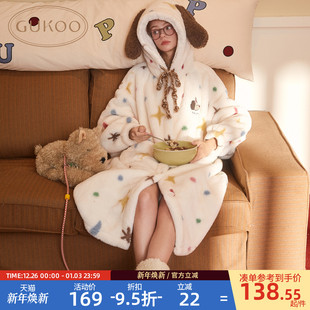 满印可爱薄绒女士家居服睡袍D 轰轰小狗新款 Gukoo 果壳睡袍女冬季