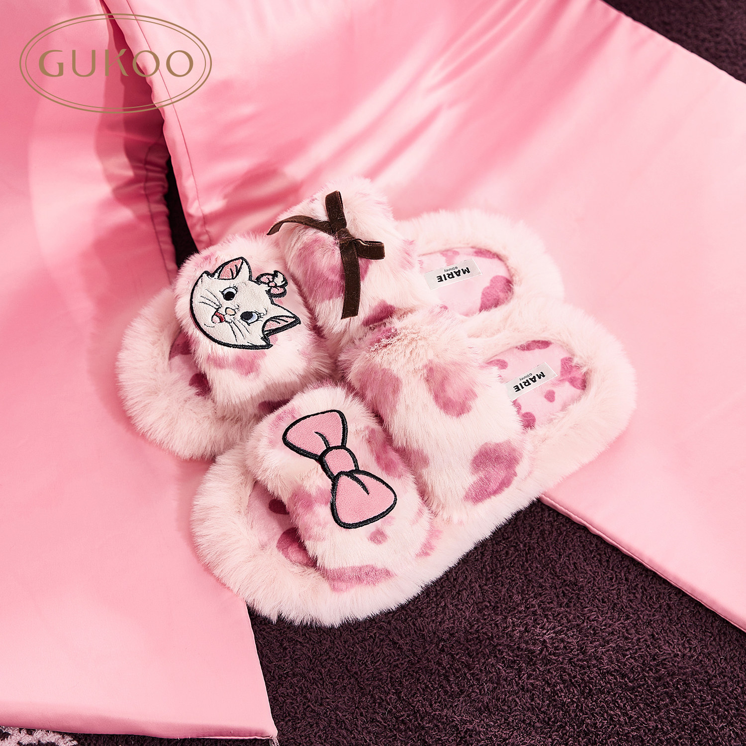Gukoo/果壳拖鞋冬季加绒保暖新款玛丽猫联名豹纹女士居家毛毛拖鞋