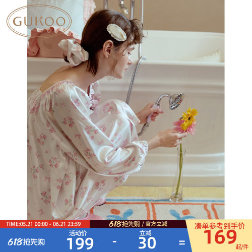 Gukoo/果壳睡裙女春秋款小碎花满印新款甜美冰丝女士家居服睡裙A