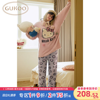 Gukoo/果壳睡衣女冬季半边绒保暖新款HelloKitty联名家居服套装D