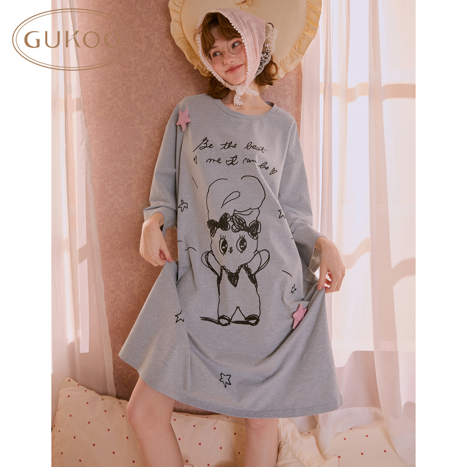 Gukoo/果壳长袖睡衣春夏艾丝乐小兔联名新款纯棉女士家居服睡裙A - 实物图