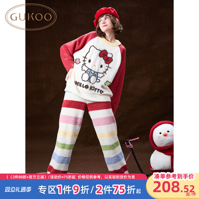 Gukoo/果壳睡衣女冬季半边绒保暖新款HelloKitty联名家居服套装D
