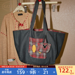 Gukoo 果壳双面手提包迪士尼联名格纹米奇帆布包女士托特包单肩包