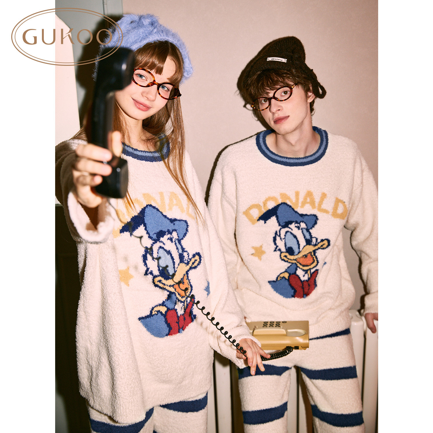Gukoo果壳情侣睡衣迪士尼唐老鸭睡衣女款秋冬半边绒男家居服套装D