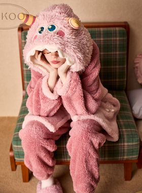 Gukoo/果壳情侣睡衣女冬季珊瑚绒保暖新款小怪兽女士家居服套装D