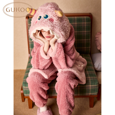 Gukoo/果壳情侣睡衣女冬季珊瑚绒保暖新款小怪兽女士家居服套装D