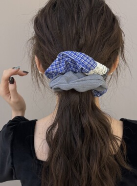 甜美少女复古蓝格纹大号灰色发圈蕾丝方巾马尾头绳发箍头箍发饰
