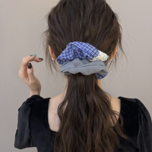 甜美少女复古蓝格纹大号灰色发圈蕾丝方巾马尾头绳发箍头箍发饰