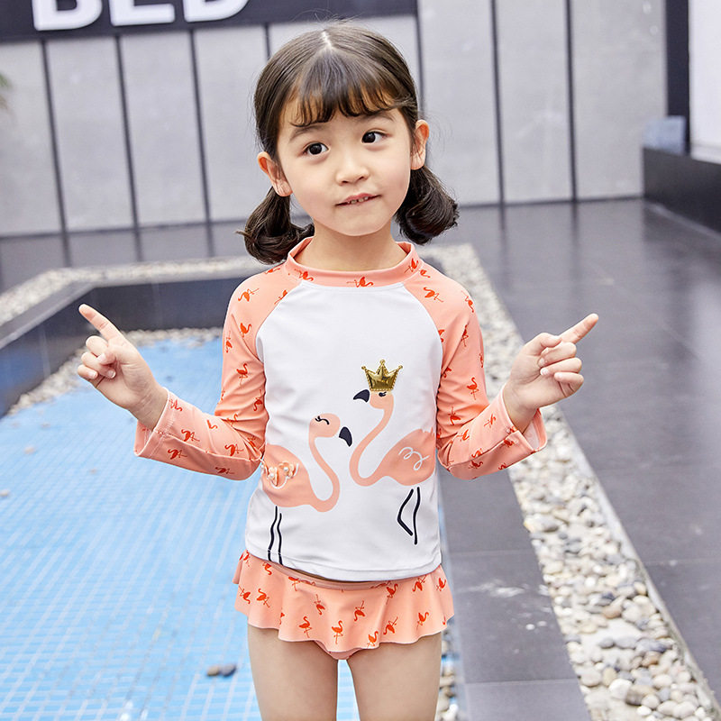 亦浪儿童女童中小童婴幼儿游泳衣长袖防晒分体裙式火烈鸟女王印花