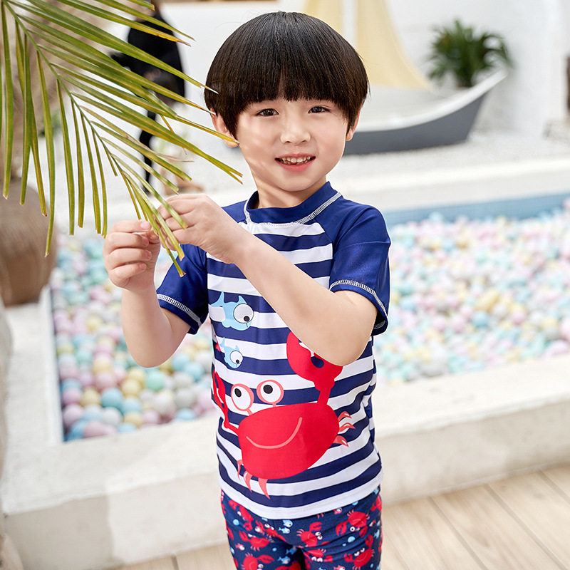 亦浪儿童中小童男孩幼儿游泳衣短袖平角裤分体条纹卡通小螃蟹印花