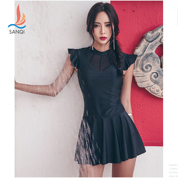 三奇泳衣女连体裙式泳装荷叶肩透视网纱拼接包胸聚拢优雅性感古典