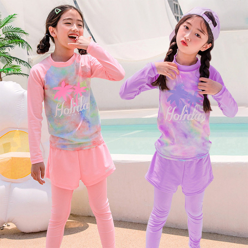 亦浪夏季儿童女孩中大童青少年小学生游泳衣长袖长裤防晒分体印花