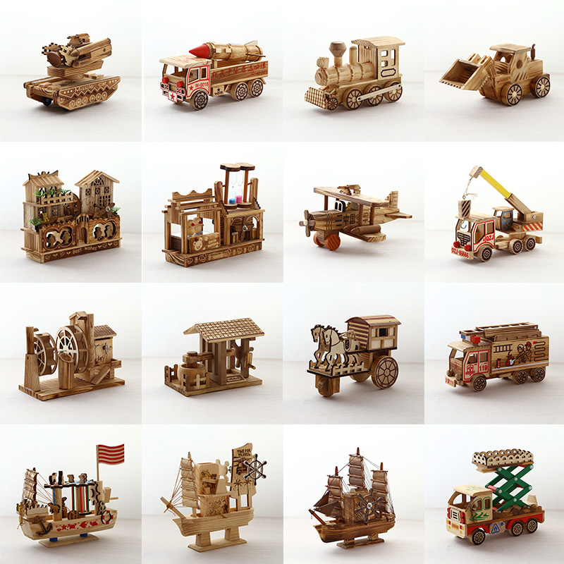 竹木工艺品摆件儿童玩具创意桌面风车水车仿真模型轮船家具摆设