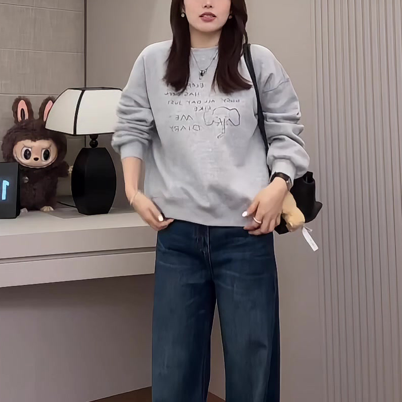 加绒简约百搭圆领简笔大象字母印花秋冬卫衣上衣