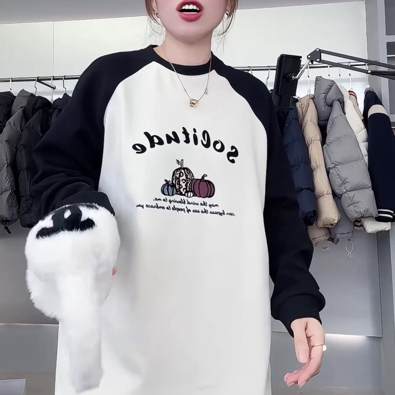 撞色印花圆领长袖T恤卫衣秋冬宽松慵懒风百搭休闲上衣,女装/女士精品,大码内搭,淘宝优惠券,粉丝福利购,淘宝优惠卷