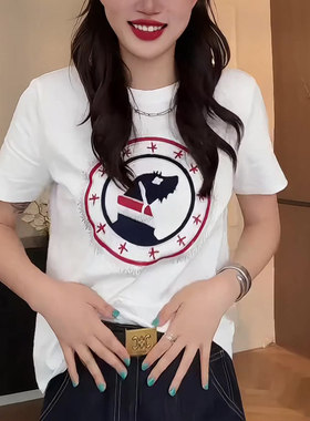 夏季新款圆盘小狗印花短袖t恤女休闲洋气百搭简约上衣