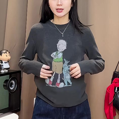 冬季宽松圆领纯棉加厚卡通小人印花保暖基础款打底衫长袖T恤
