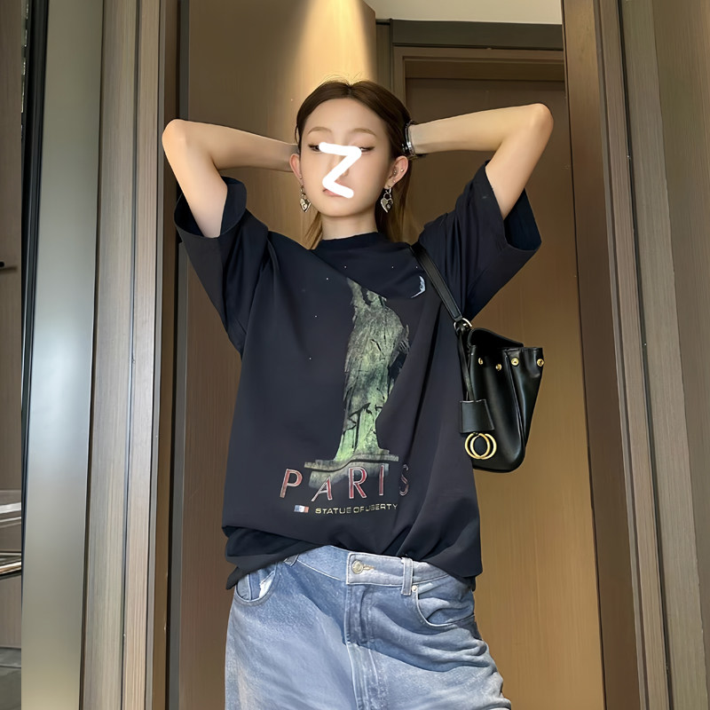 意凡巴黎自由女神小领口宽松高街短袖中长款男女同款T恤上衣潮
