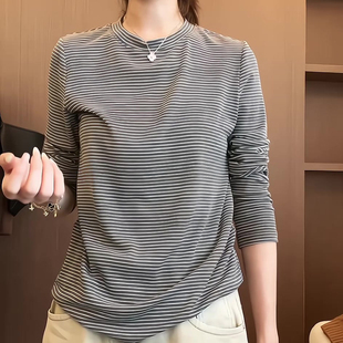 黑白细条纹圆领长袖t恤女秋季修身纯棉高弹加厚内搭打底衫女上衣