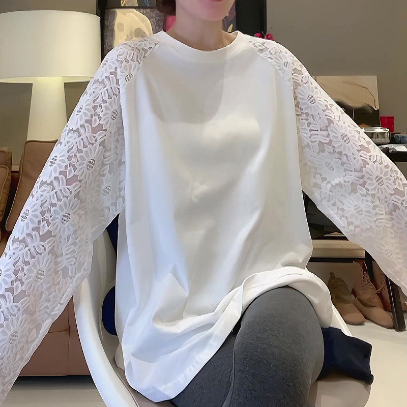 中长款花边镂空拼接长袖t恤女大码开叉圆摆打底衫宽松百搭上衣潮,女装/女士精品,大码内搭,淘宝优惠券,粉丝福利购,淘宝优惠卷