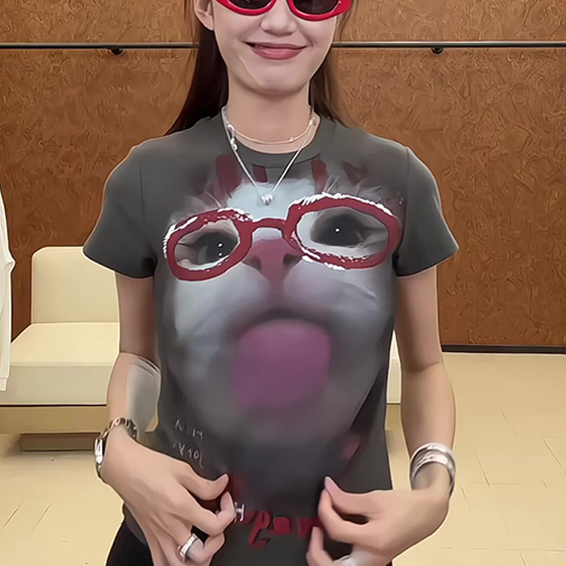 2025春季新款设计感猫咪印花短袖T恤女小众独特休闲百搭上衣潮