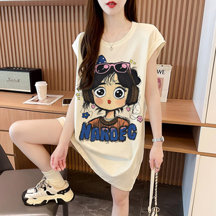 纯棉无袖T恤女夏季韩版宽松设计感显瘦中长款遮臀减龄卡通背心ins