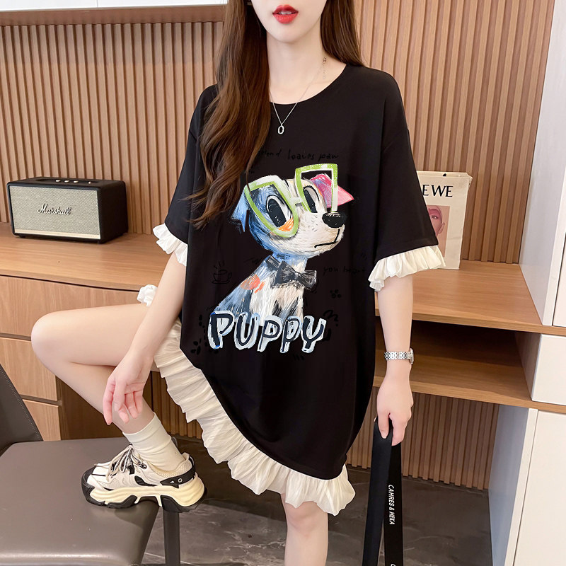 宽松中长款T恤裙女春夏季韩版时尚百搭小众卡通洋气大码短袖上衣