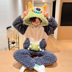 儿童睡衣男童秋冬季珊瑚绒加厚法兰绒男孩青少年中大童家居服套装