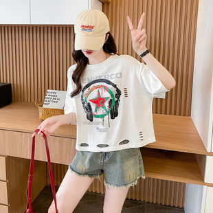 2026新款百搭短袖t恤女夏季韩版ins潮宽松短款破洞百搭时髦上衣服