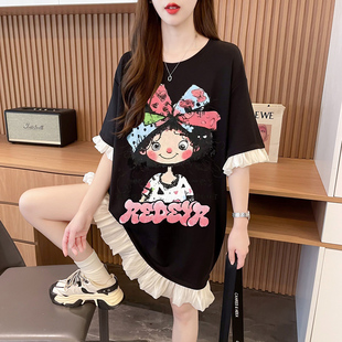 纯棉中长款上衣短袖T恤裙女2026夏季韩版宽松假两件卡通连衣裙ins