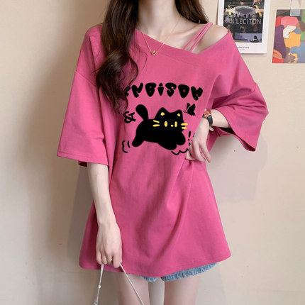 欧货大码纯棉短袖t恤女2025新款夏季显瘦宽松小众设计感斜肩上衣