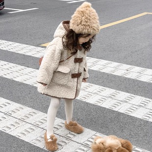 冬装新款女童软糯加厚双面羊羔绒外套儿童连帽中长款保暖加绒大衣