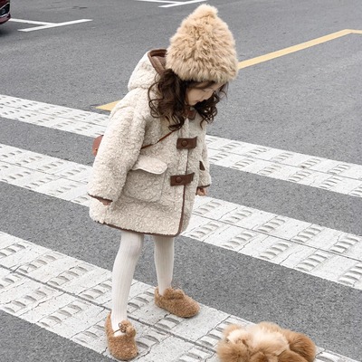 冬装新款女童软糯加厚双面羊羔绒外套儿童连帽中长款保暖加绒大衣