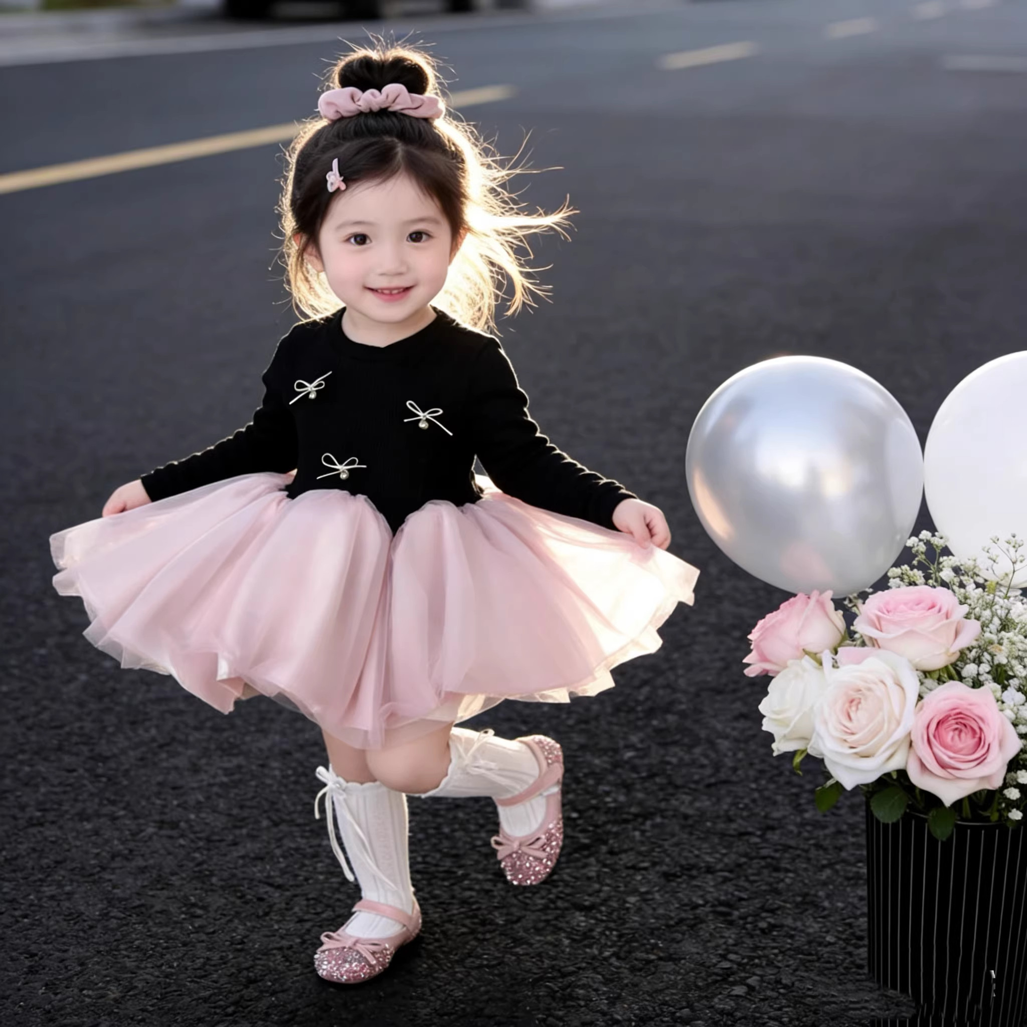 春秋儿童长袖蝴蝶结公主裙女童蓬蓬纱连衣裙夏季宝宝无袖周岁礼服