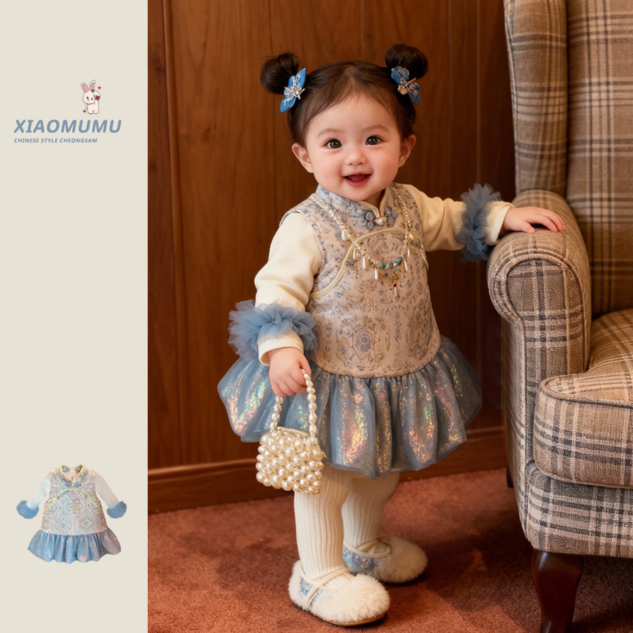 冬季新款女童加厚旗袍连衣裙中国风宝宝新中式改良网纱背心裙套装