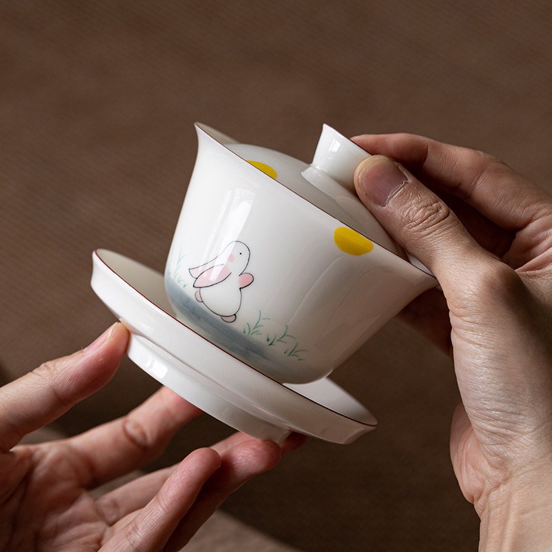 白瓷手绘可爱兔子三才盖碗陶瓷大号泡茶器功夫手抓泡茶碗