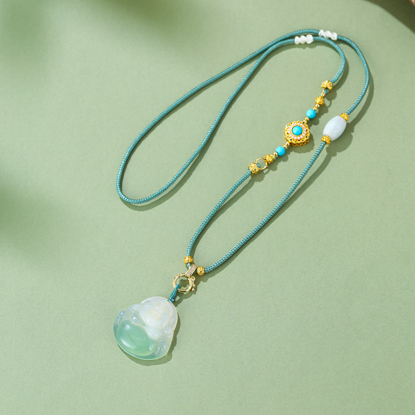 天然翡翠色佛公吊坠手工编绳项链