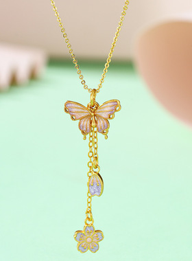 古法烧蓝珐琅蝴蝶项链女紫色桃花