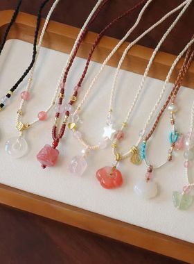 新中式粉色桃花玉祥云项链女款