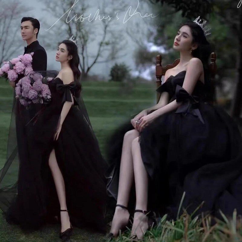 新款影楼主题服装户外草坪森系旅拍摄影抹胸复古外景黑色婚纱礼服