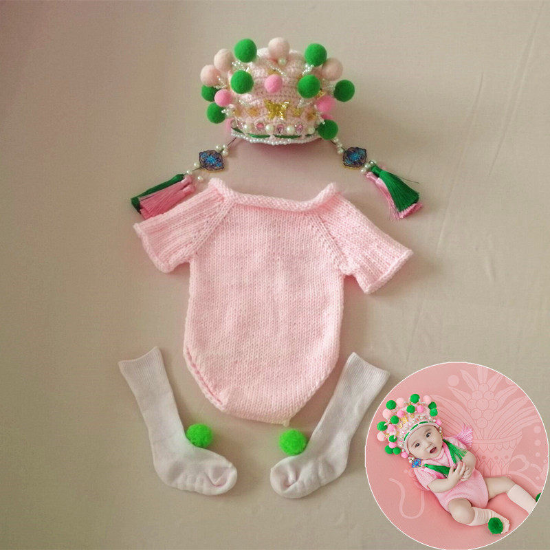 儿童摄影国潮服装百天手工毛线国粹主题婴儿宝宝影楼拍照造型新款