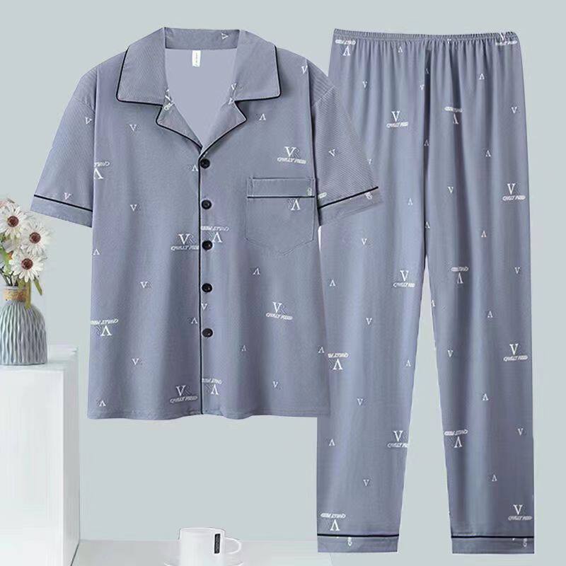 100%纯棉男士睡衣春夏季翻领短袖大码舒适两件套青中年家居服