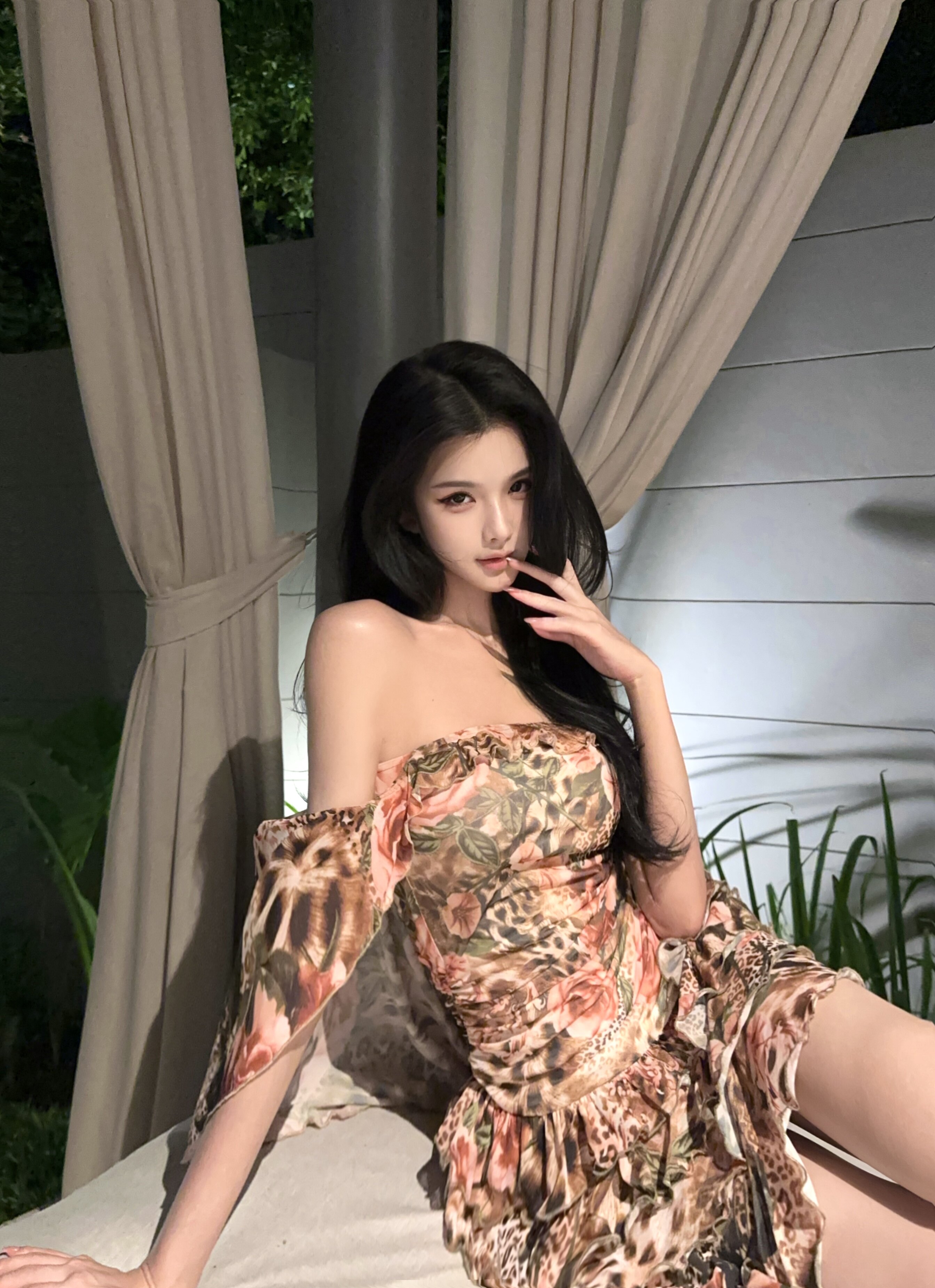 夏媛原创 梦蝴蝶 豹纹花朵印花网眼抹胸连衣裙