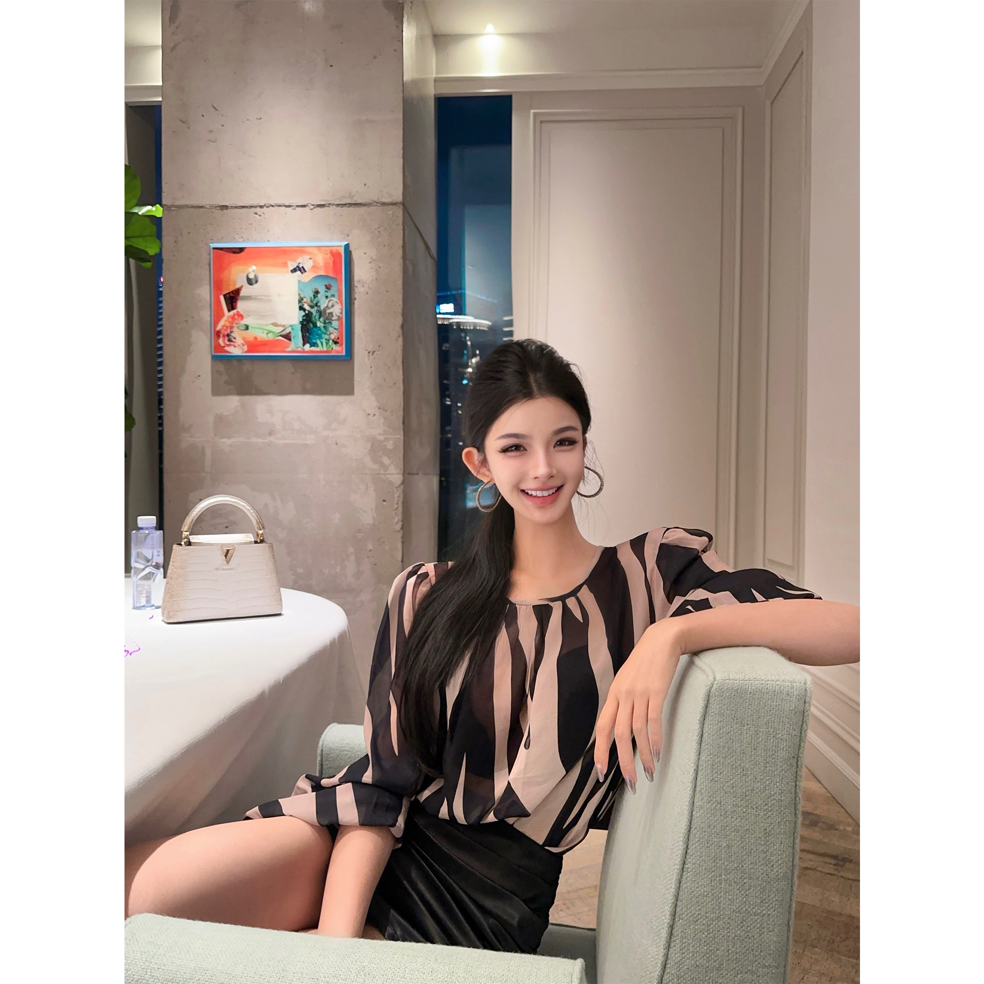 夏媛原创 顶楼千金 条纹雪纺上衣秋季新款宽松休闲时尚百搭女装